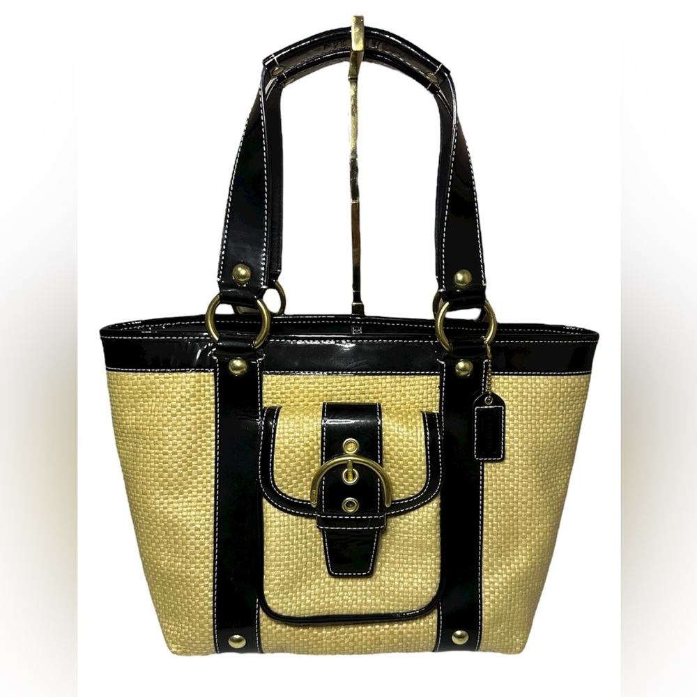 Coach Black and Natural Straw Tote Shoulder Bag